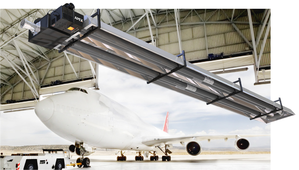 white airplane in hangar with picture of apex heater overlay